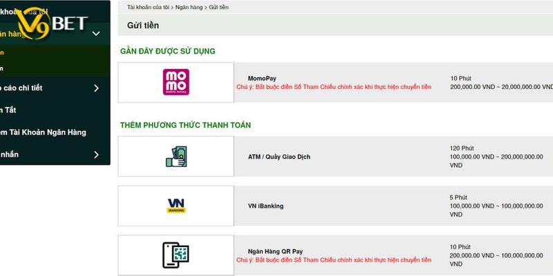Có thể thực hiện nạp tiền V9bet theo nhiều cách khác nhau